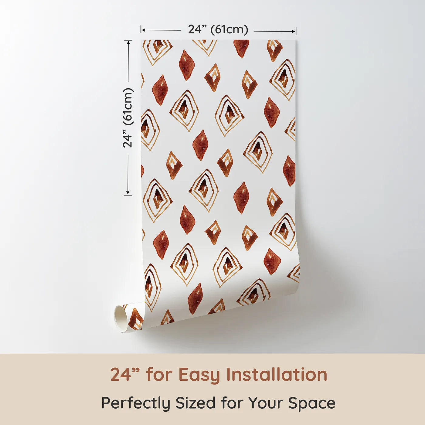 Dimension view of Whimsy Tots Terracotta Diamond Dance Wallpaper in White (W3381A). Printed in 24-inch-wide panel for easy installation. Rust-red diamonds and earthy lines dance on a crisp white sky.