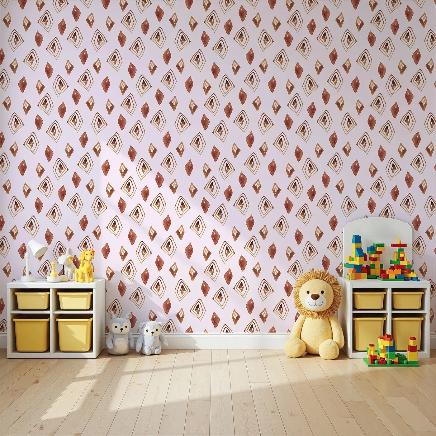 Angled view of Whimsy Tots' Terracotta Diamond Dance Wallpaper in Blush Pink (W3381B).Rust-red diamonds and earthy lines dance on a soft blush sky.