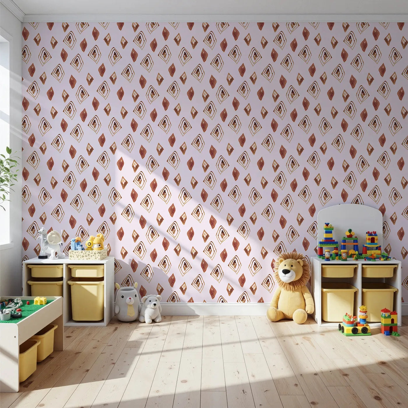 Front view of Whimsy Tots' Terracotta Diamond Dance Wallpaper in Blush Pink