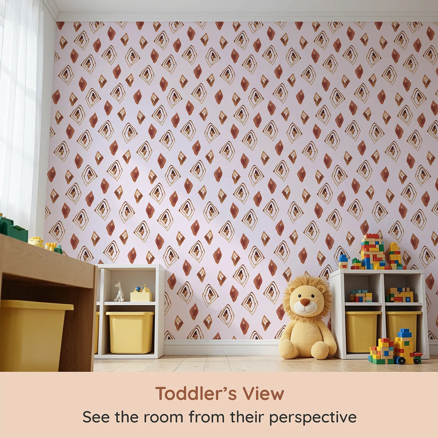 Whimsy Tots Terracotta Diamond Dance Wallpaper in Blush Pink (W3381B) from your child's view.Rust-red diamonds and earthy lines dance on a soft blush sky.