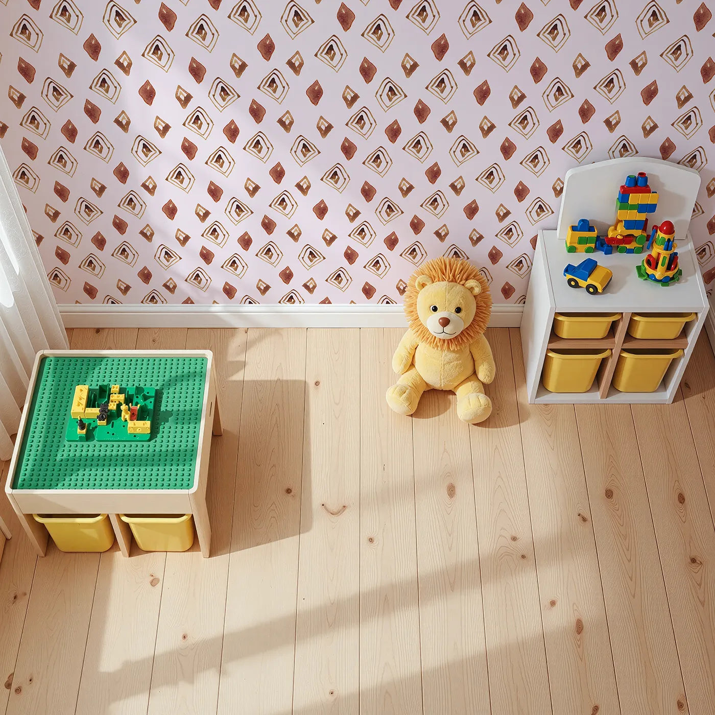 Top-Down view of Whimsy Tots' Terracotta Diamond Dance Wallpaper in Blush Pink (W3381B).Rust-red diamonds and earthy lines dance on a soft blush sky.