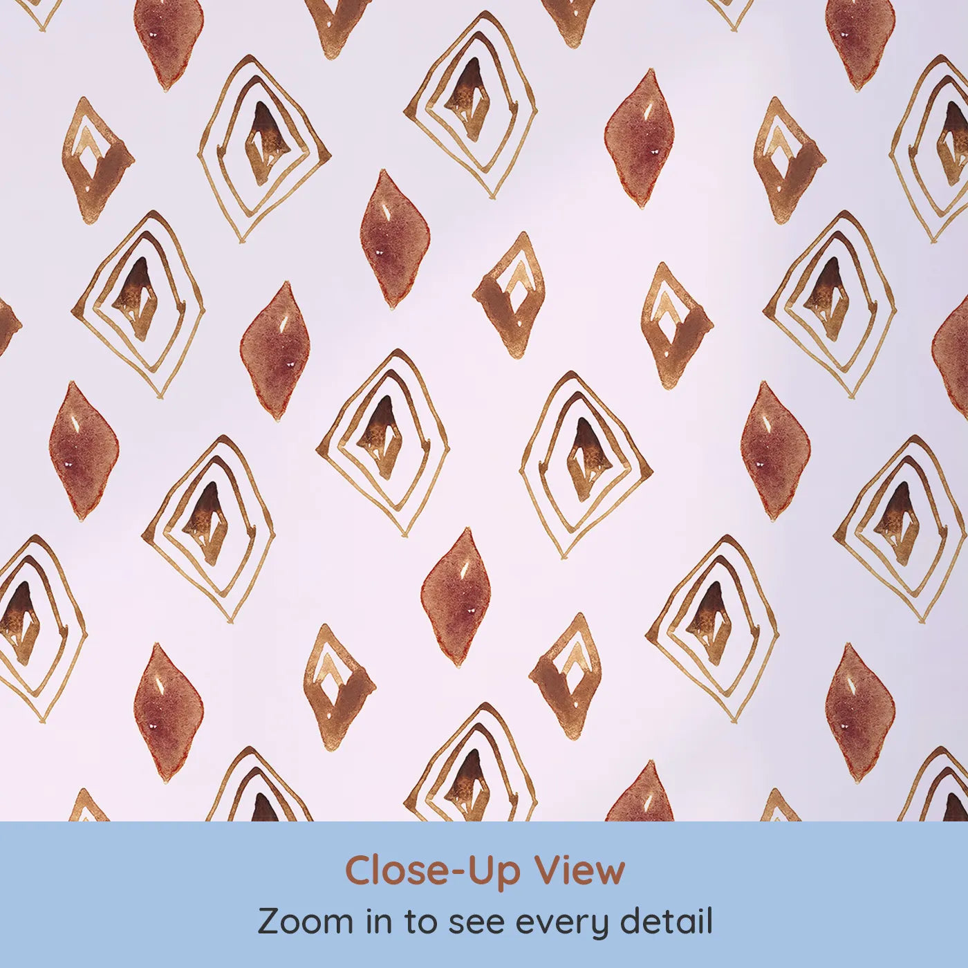 Close-up view of Whimsy Tots' Terracotta Diamond Dance Wallpaper in Blush Pink (W3381B).Rust-red diamonds and earthy lines dance on a soft blush sky.