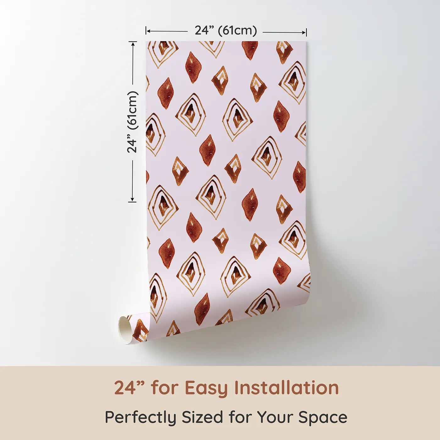 Dimension view of Whimsy Tots Terracotta Diamond Dance Wallpaper in Blush Pink (W3381B). Printed in 24-inch-wide panel for easy installation. Rust-red diamonds and earthy lines dance on a soft blush sky.