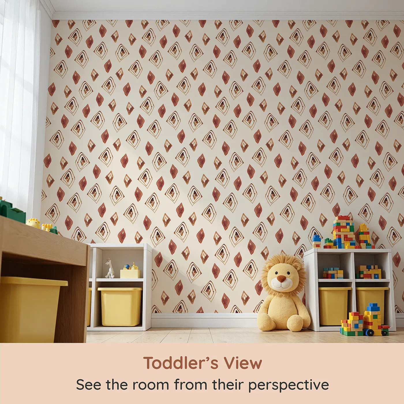 Whimsy Tots Terracotta Diamond Dance Wallpaper in Sand (W3381C) from your child's view.Rust-red diamonds and earthy lines dance on a warm sand sky.