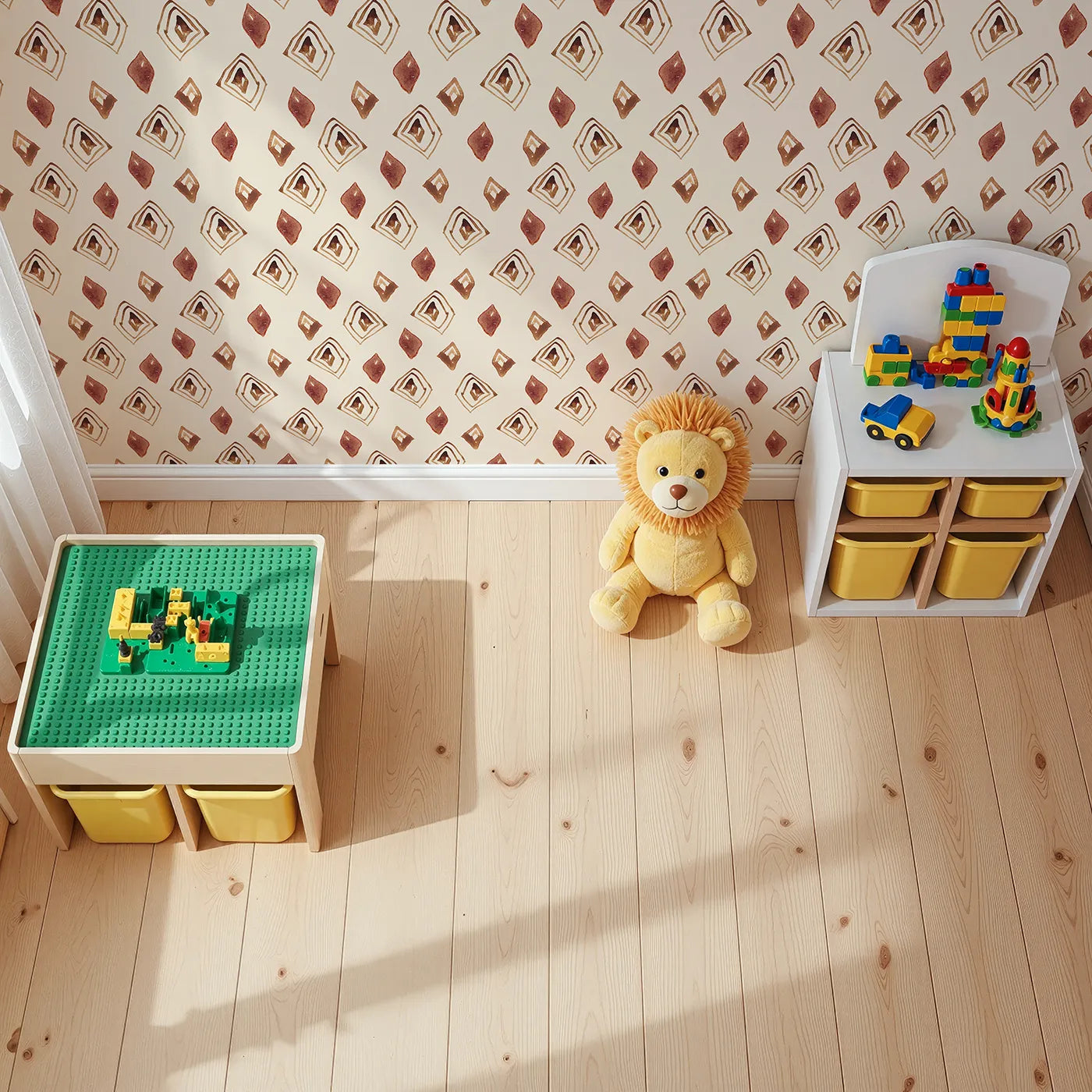 Top-Down view of Whimsy Tots' Terracotta Diamond Dance Wallpaper in Sand (W3381C).Rust-red diamonds and earthy lines dance on a warm sand sky.