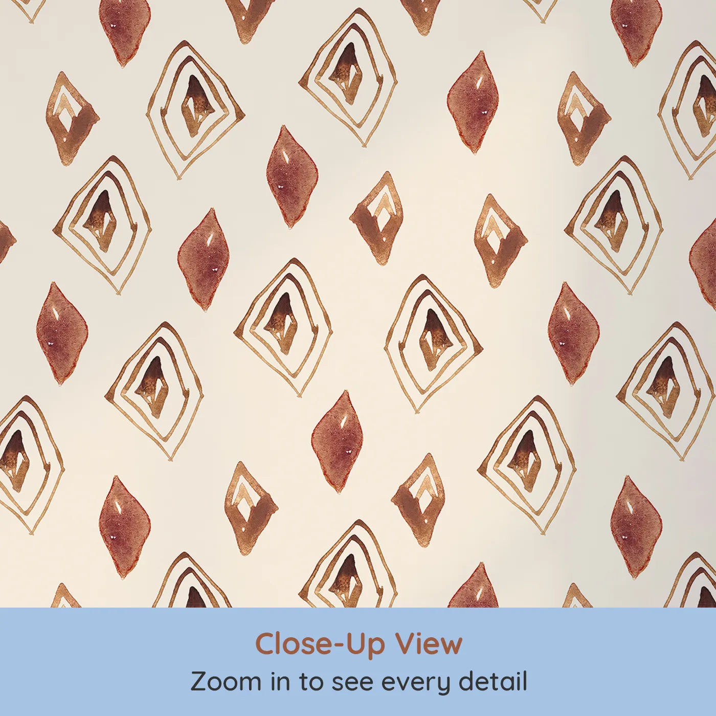 Close-up view of Whimsy Tots' Terracotta Diamond Dance Wallpaper in Sand (W3381C).Rust-red diamonds and earthy lines dance on a warm sand sky.