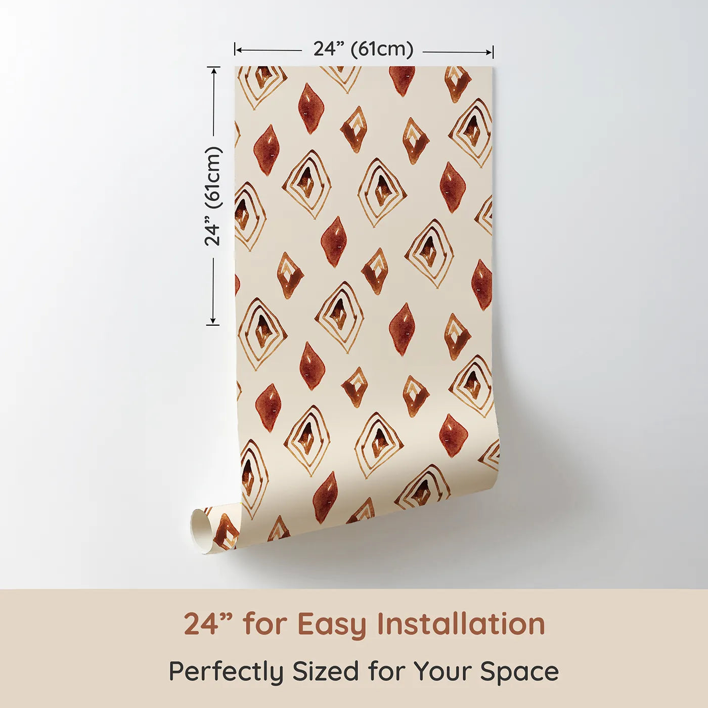 Dimension view of Whimsy Tots Terracotta Diamond Dance Wallpaper in Sand (W3381C). Printed in 24-inch-wide panel for easy installation. Rust-red diamonds and earthy lines dance on a warm sand sky.