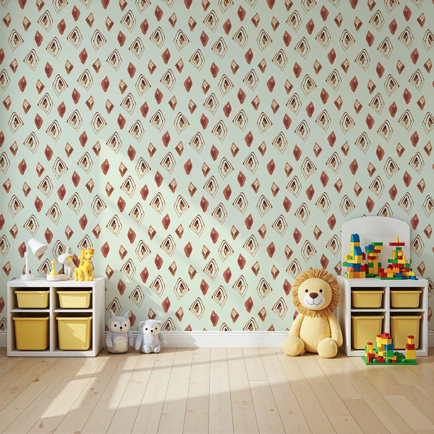 Angled view of Whimsy Tots' Terracotta Diamond Dance Wallpaper in Mint Green (W3381D).Rust-red diamonds and earthy lines dance on a breezy mint sky.