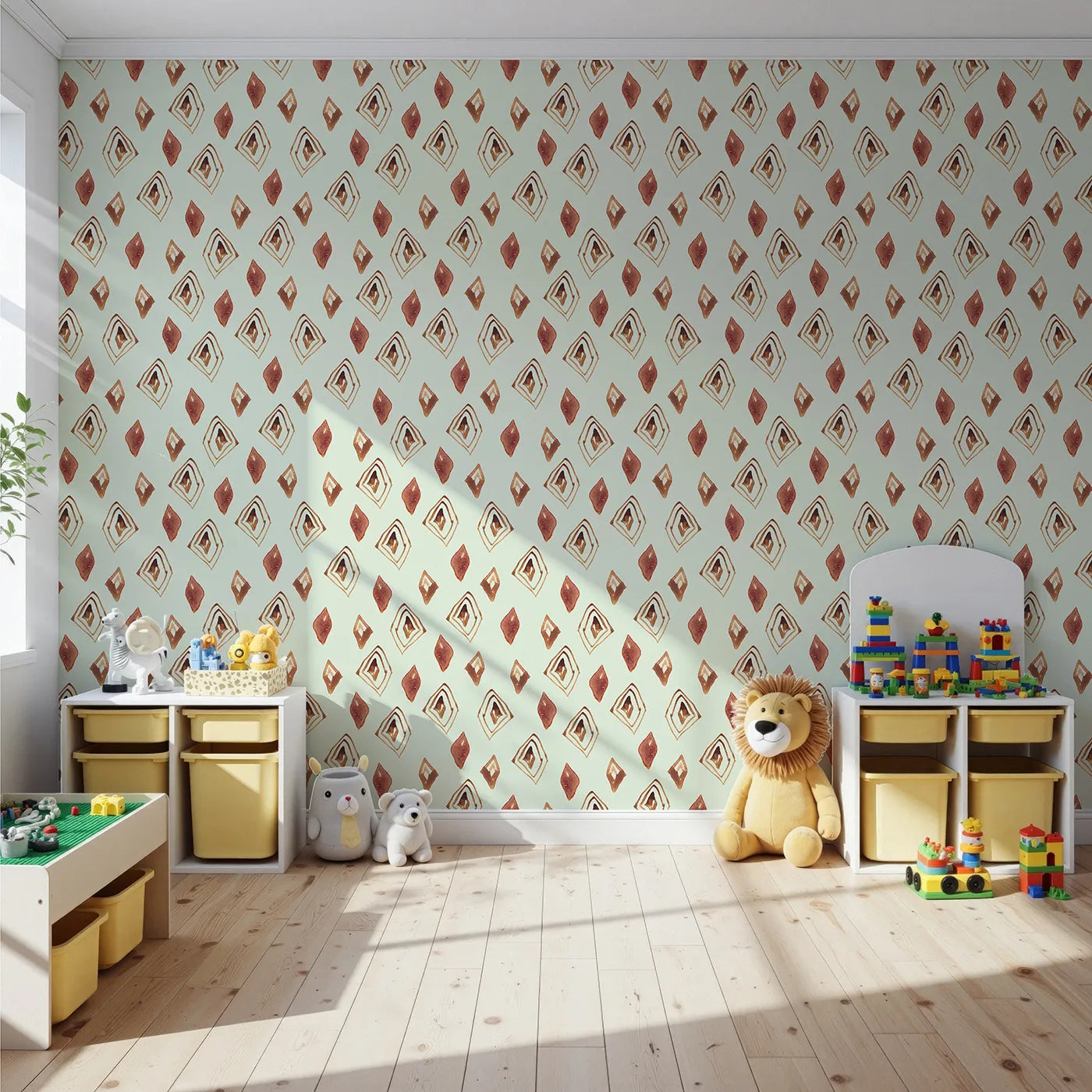 Front view of Whimsy Tots' Terracotta Diamond Dance Wallpaper in Mint Green