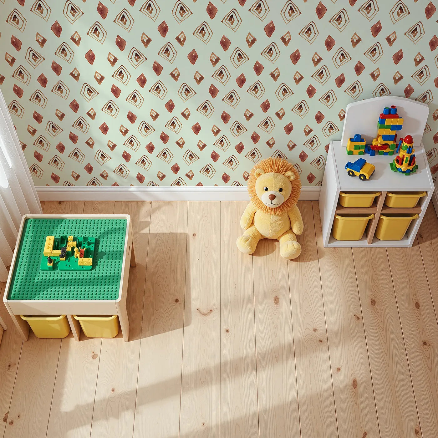 Top-Down view of Whimsy Tots' Terracotta Diamond Dance Wallpaper in Mint Green (W3381D).Rust-red diamonds and earthy lines dance on a breezy mint sky.