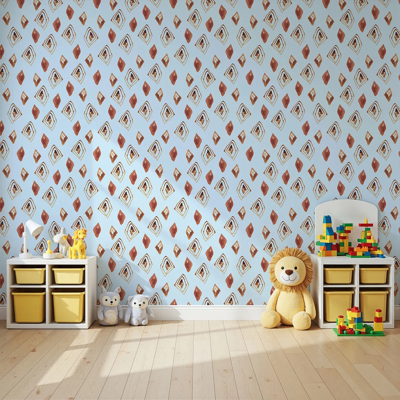 Angled view of Whimsy Tots' Terracotta Diamond Dance Wallpaper in Sky (W3381E).Rust-red diamonds and earthy lines dance on a soft sky-blue canvas.