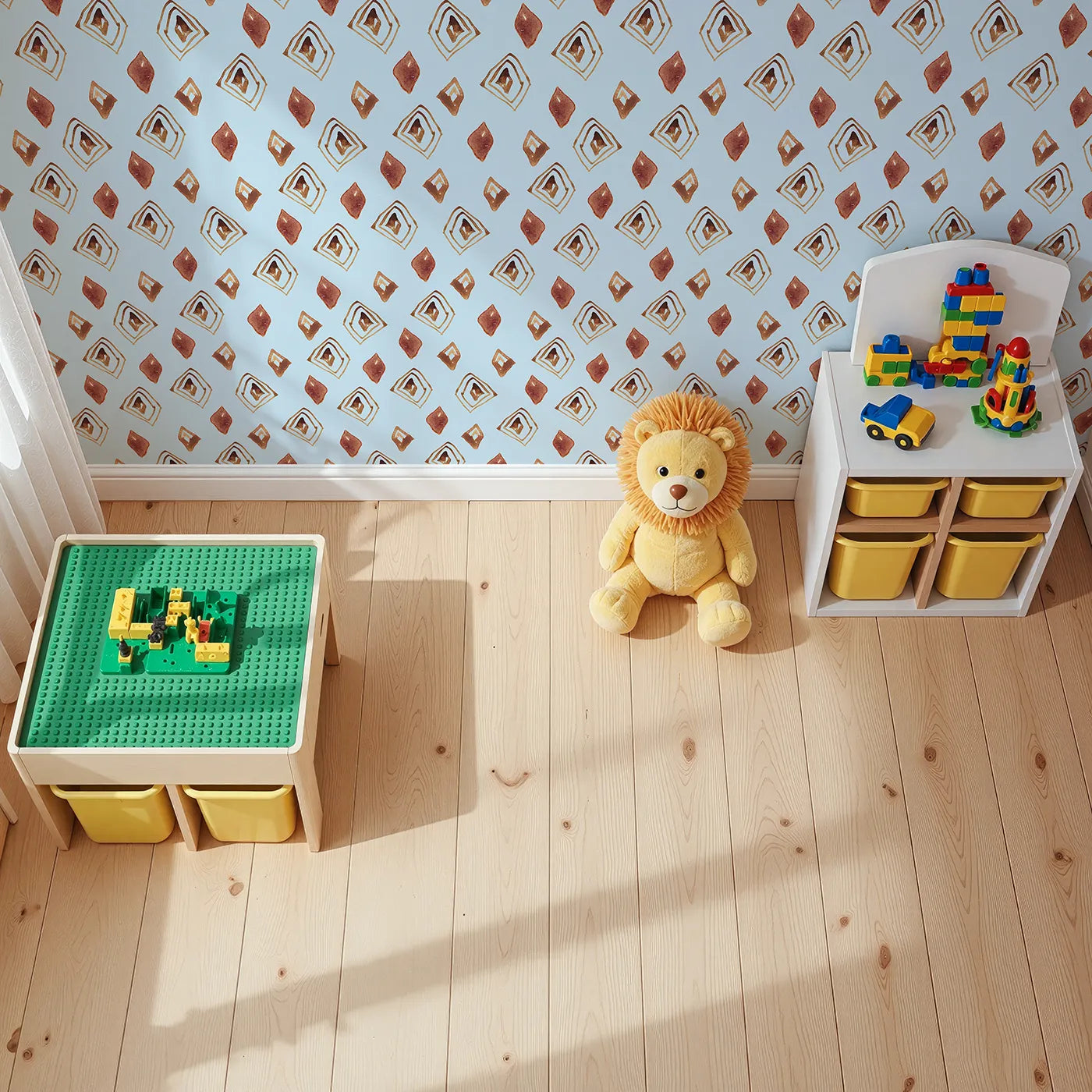 Top-Down view of Whimsy Tots' Terracotta Diamond Dance Wallpaper in Sky (W3381E).Rust-red diamonds and earthy lines dance on a soft sky-blue canvas.