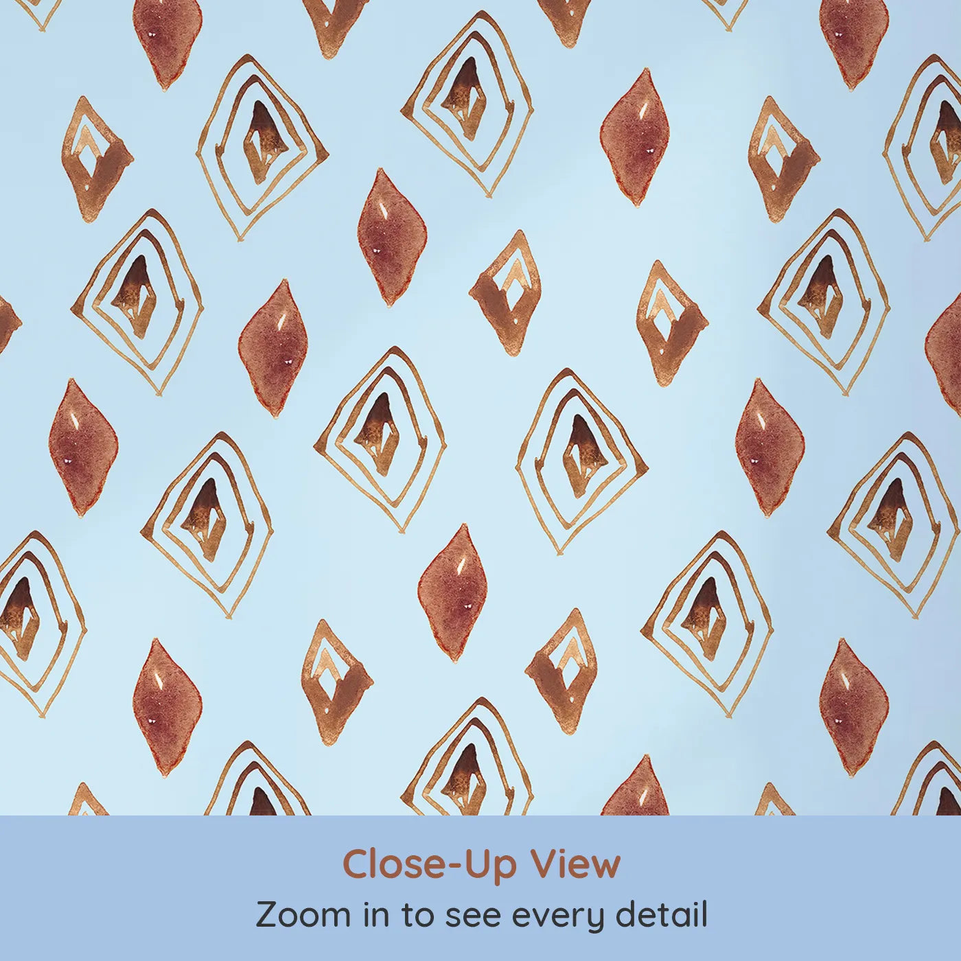 Close-up view of Whimsy Tots' Terracotta Diamond Dance Wallpaper in Sky (W3381E).Rust-red diamonds and earthy lines dance on a soft sky-blue canvas.