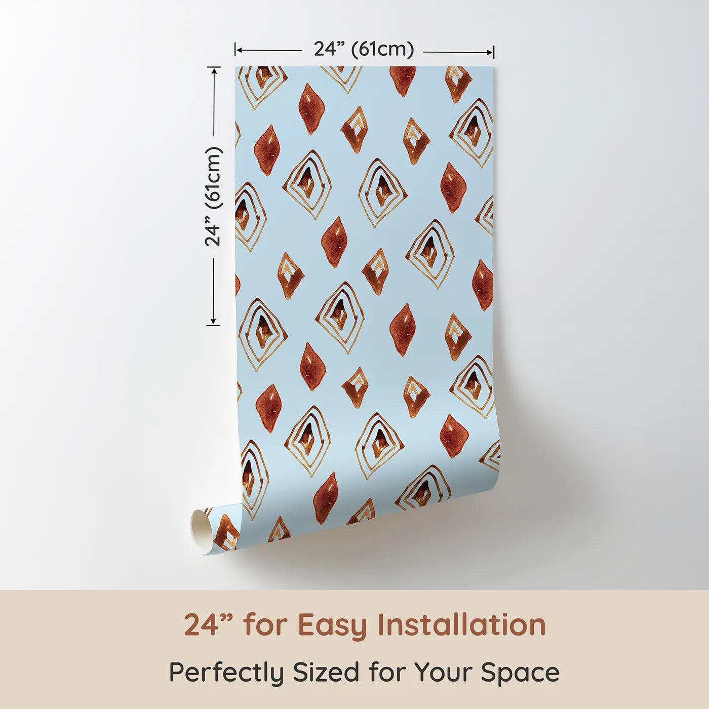 Dimension view of Whimsy Tots Terracotta Diamond Dance Wallpaper in Sky (W3381E). Printed in 24-inch-wide panel for easy installation. Rust-red diamonds and earthy lines dance on a soft sky-blue canvas.