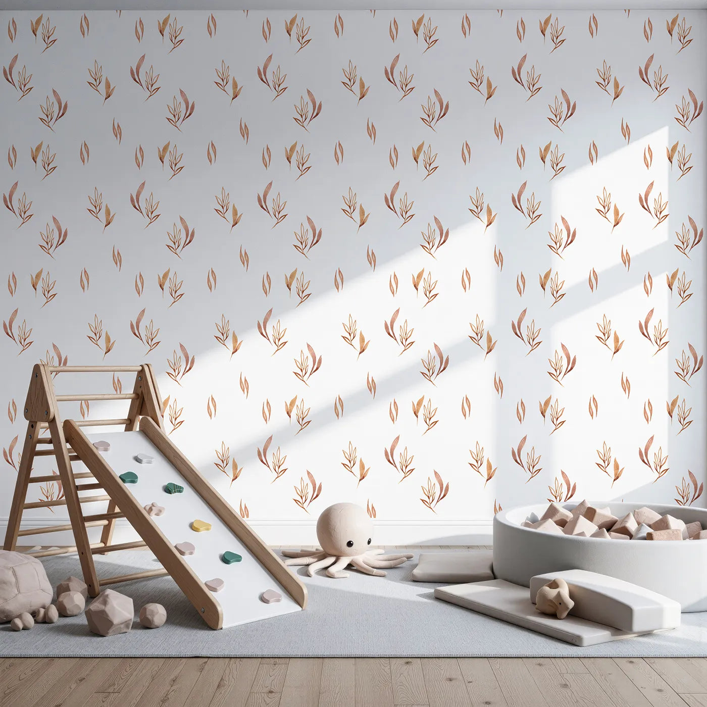 Front view of Whimsy Tots' Rustling Meadow Sprigs Wallpaper in White