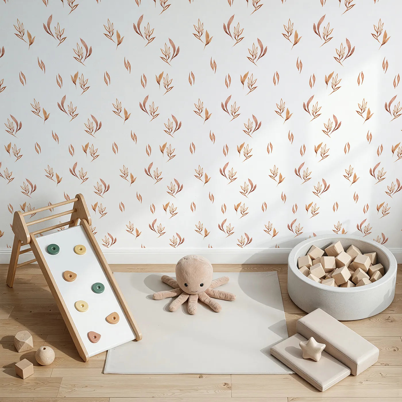 Top-Down view of Whimsy Tots' Rustling Meadow Sprigs Wallpaper in White (W3382A).Watercolor leaves and sprigs flutter across a bright white sky.