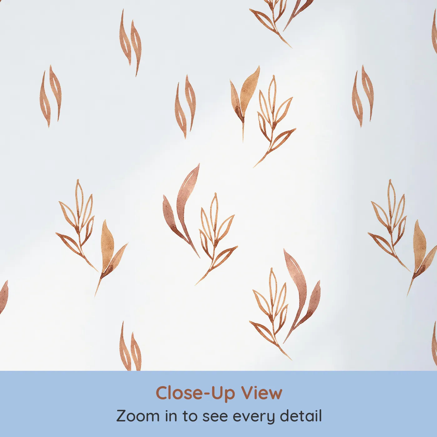 Close-up view of Whimsy Tots' Rustling Meadow Sprigs Wallpaper in White (W3382A).Watercolor leaves and sprigs flutter across a bright white sky.