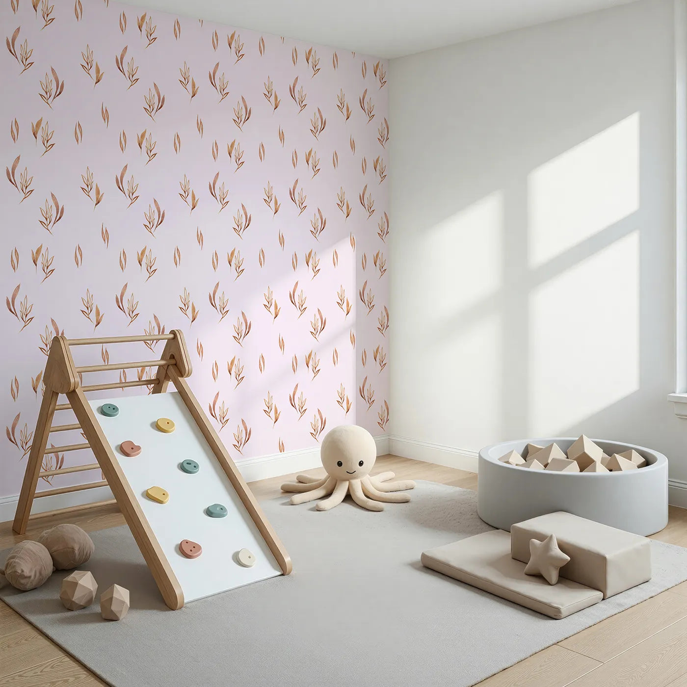 Angled view of Whimsy Tots' Rustling Meadow Sprigs Wallpaper in Blush Pink (W3382B).Watercolor leaves and sprigs flutter across a soft blush sky.