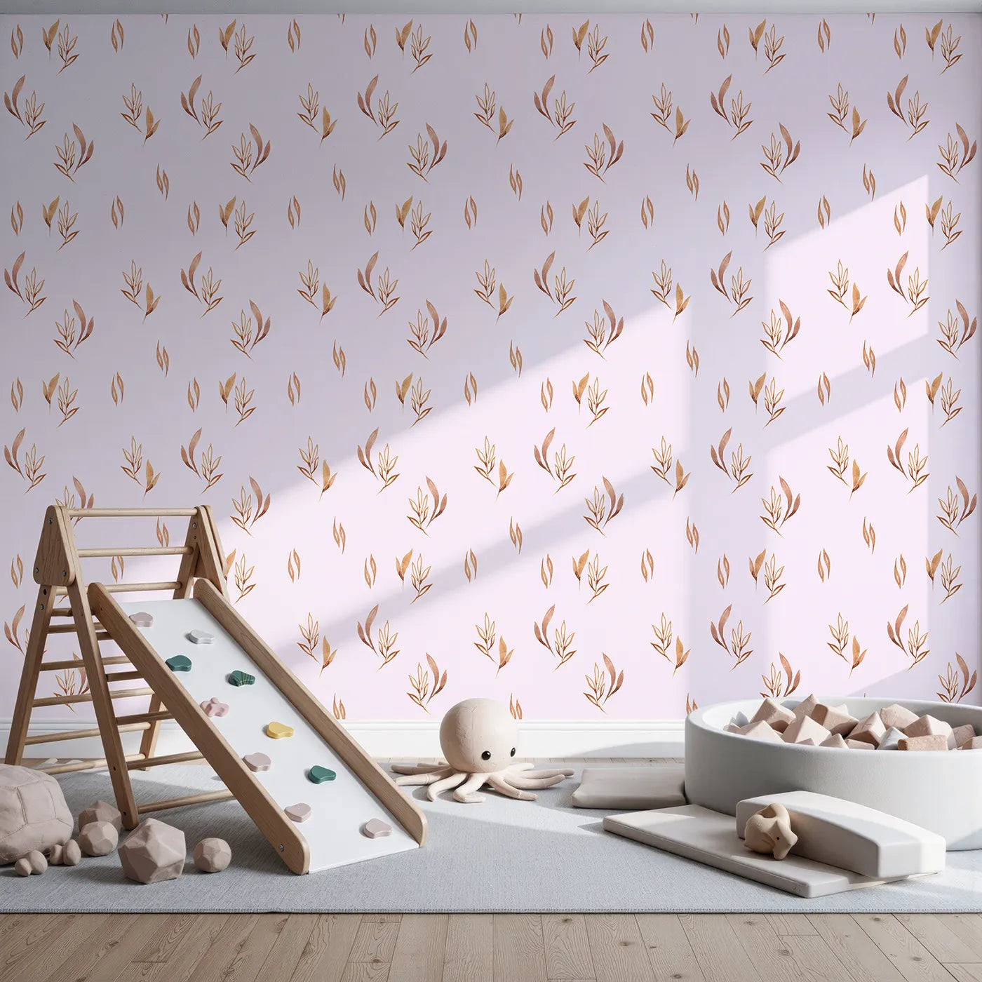 Front view of Whimsy Tots' Rustling Meadow Sprigs Wallpaper in Blush Pink