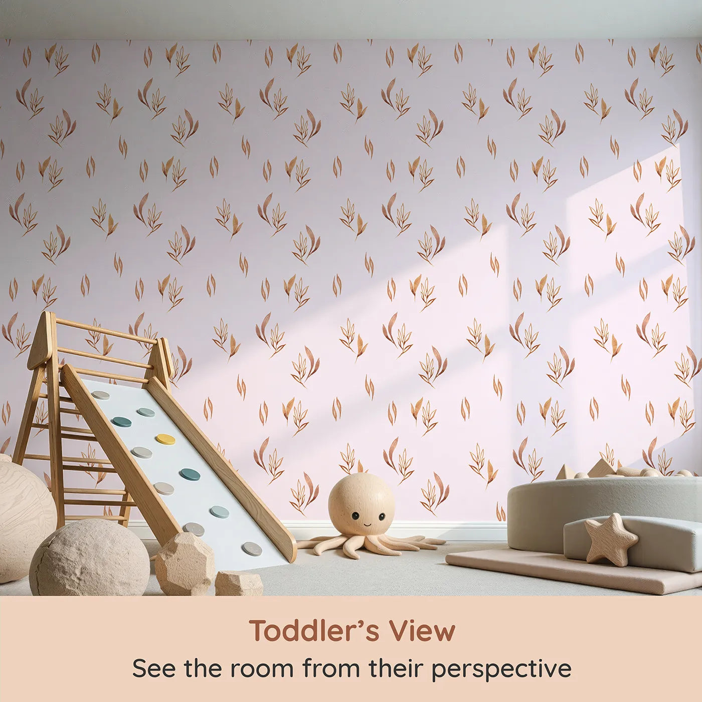 Whimsy Tots Rustling Meadow Sprigs Wallpaper in Blush Pink (W3382B) from your child's view.Watercolor leaves and sprigs flutter across a soft blush sky.