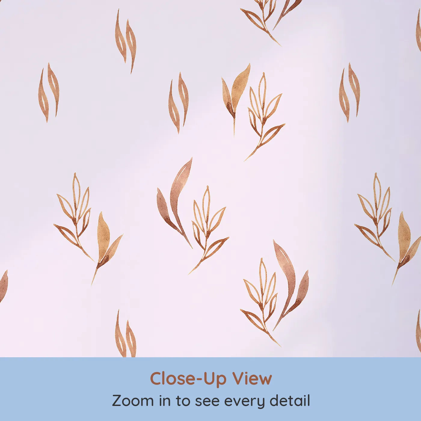 Close-up view of Whimsy Tots' Rustling Meadow Sprigs Wallpaper in Blush Pink (W3382B).Watercolor leaves and sprigs flutter across a soft blush sky.