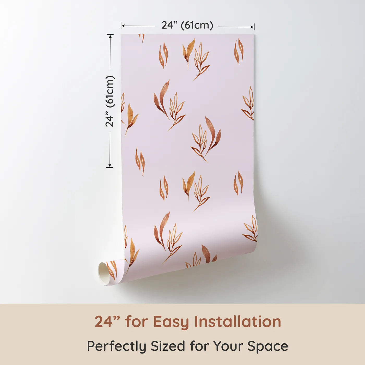 Dimension view of Whimsy Tots Rustling Meadow Sprigs Wallpaper in Blush Pink (W3382B). Printed in 24-inch-wide panel for easy installation. Watercolor leaves and sprigs flutter across a soft blush sky.