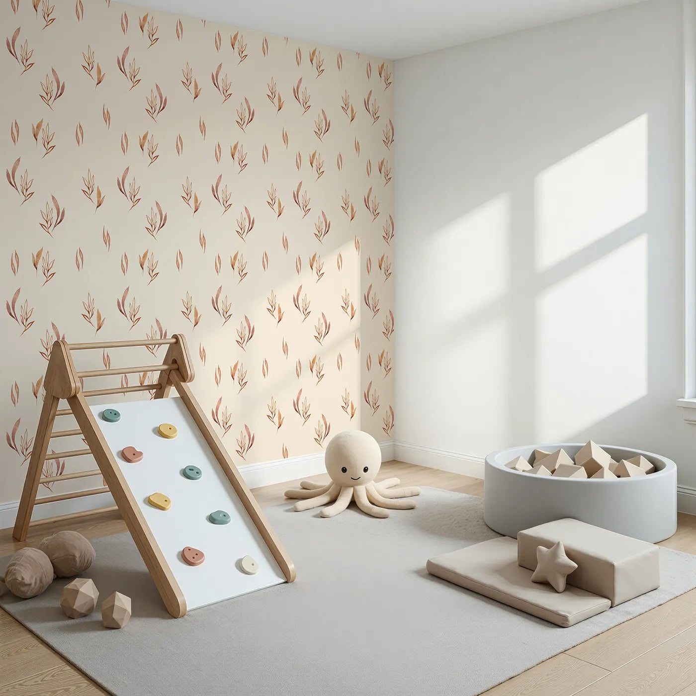 Angled view of Whimsy Tots' Rustling Meadow Sprigs Wallpaper in Sand (W3382C).Watercolor leaves and sprigs flutter across a warm sand sky.