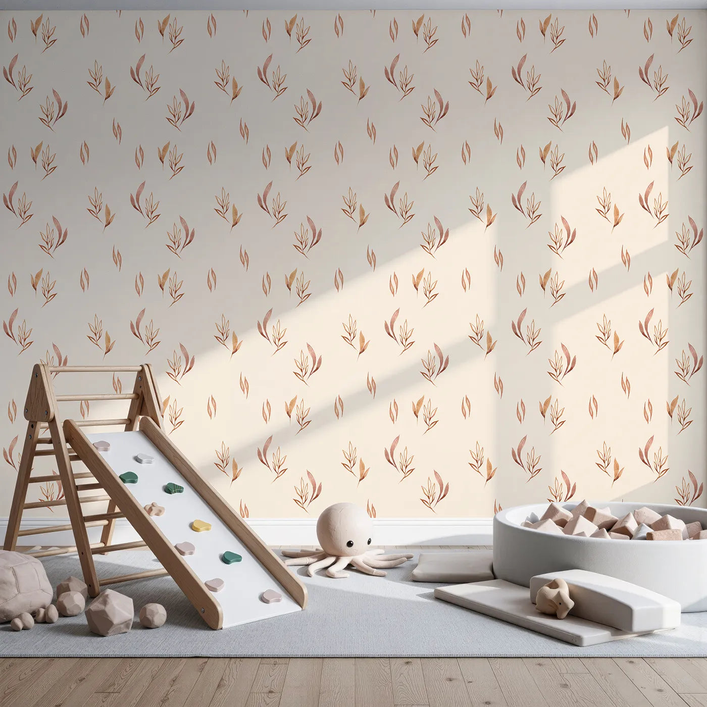Front view of Whimsy Tots' Rustling Meadow Sprigs Wallpaper in Sand