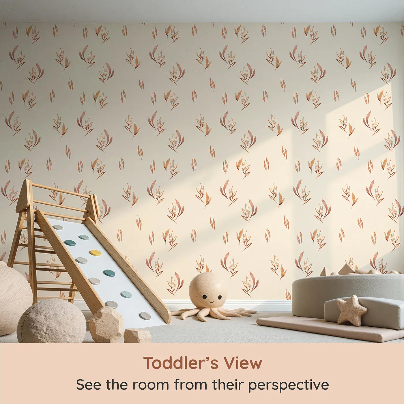 Whimsy Tots Rustling Meadow Sprigs Wallpaper in Sand (W3382C) from your child's view.Watercolor leaves and sprigs flutter across a warm sand sky.