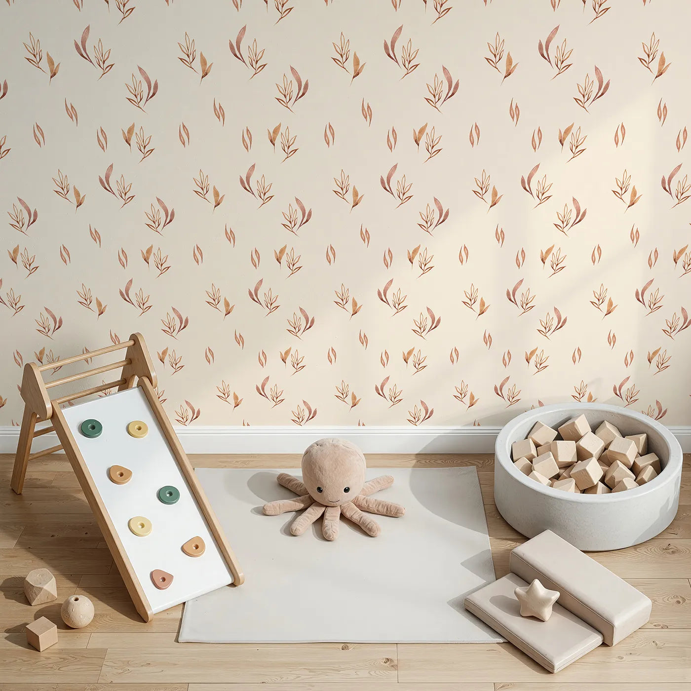 Top-Down view of Whimsy Tots' Rustling Meadow Sprigs Wallpaper in Sand (W3382C).Watercolor leaves and sprigs flutter across a warm sand sky.