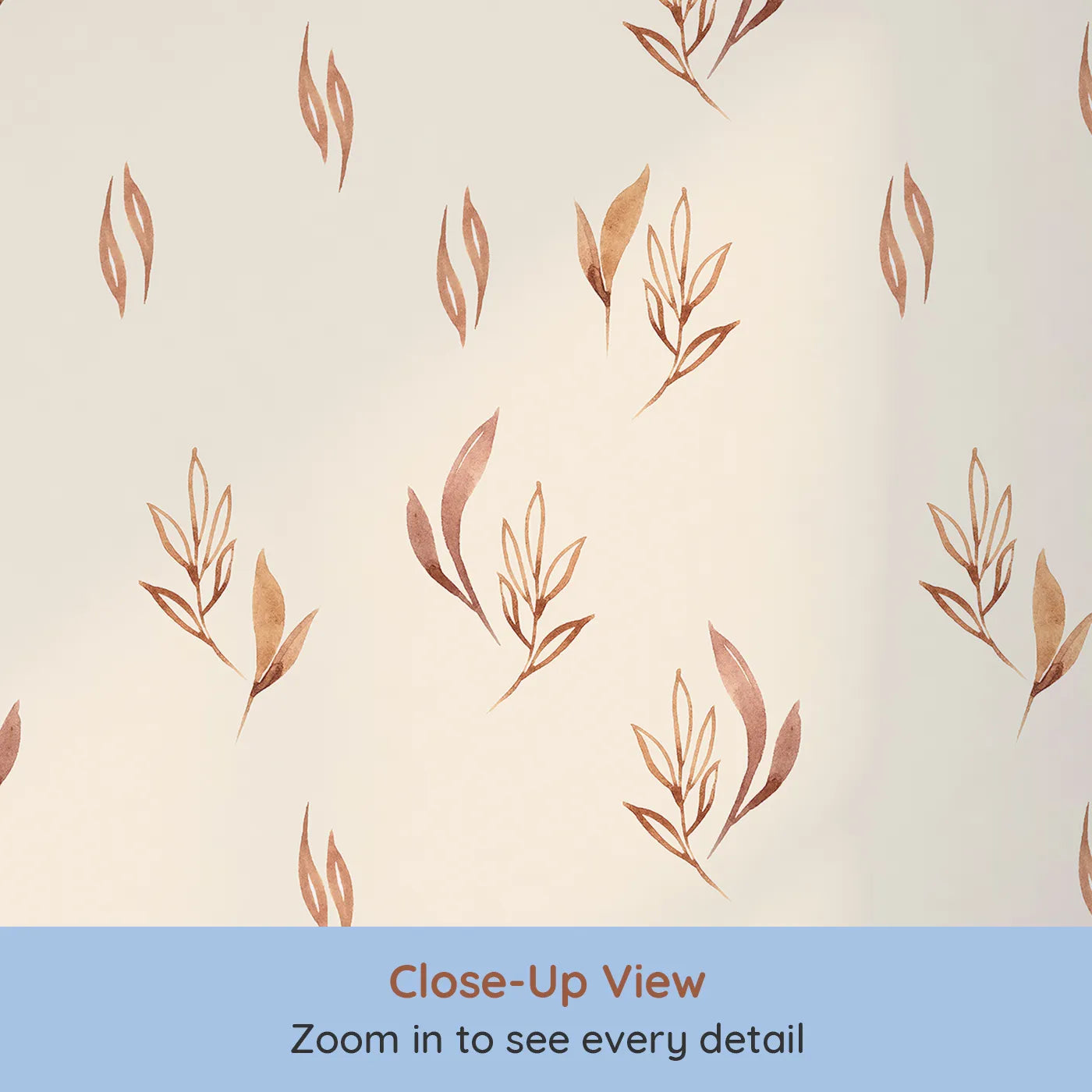 Close-up view of Whimsy Tots' Rustling Meadow Sprigs Wallpaper in Sand (W3382C).Watercolor leaves and sprigs flutter across a warm sand sky.