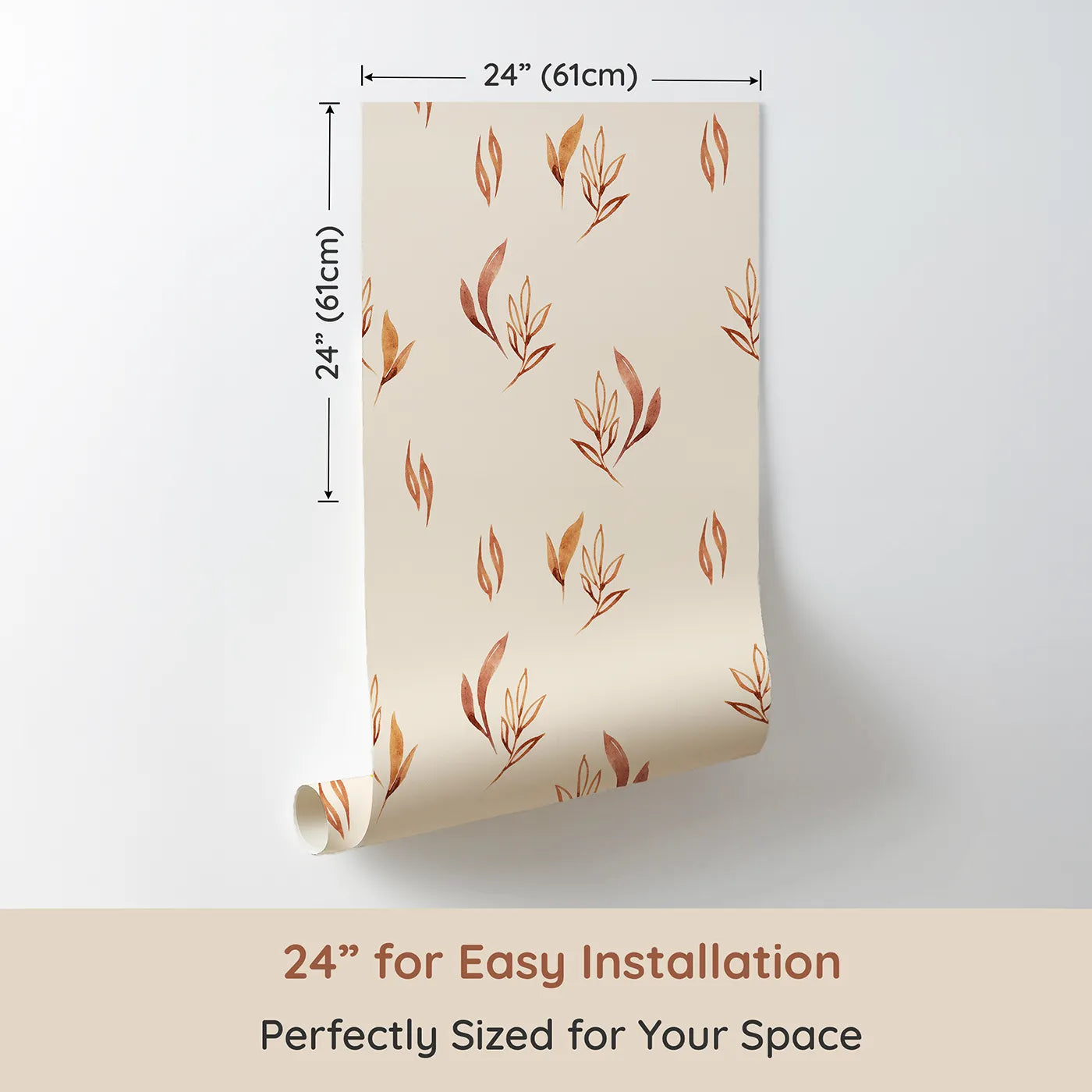 Dimension view of Whimsy Tots Rustling Meadow Sprigs Wallpaper in Sand (W3382C). Printed in 24-inch-wide panel for easy installation. Watercolor leaves and sprigs flutter across a warm sand sky.