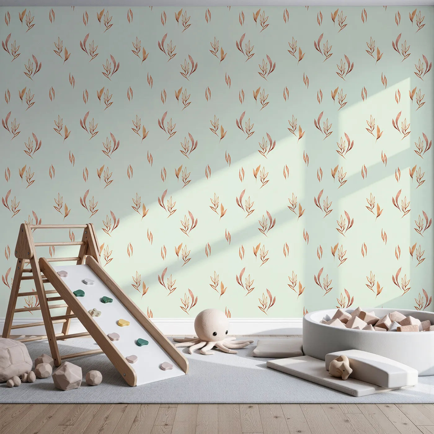 Front view of Whimsy Tots' Rustling Meadow Sprigs Wallpaper in Mint Green
