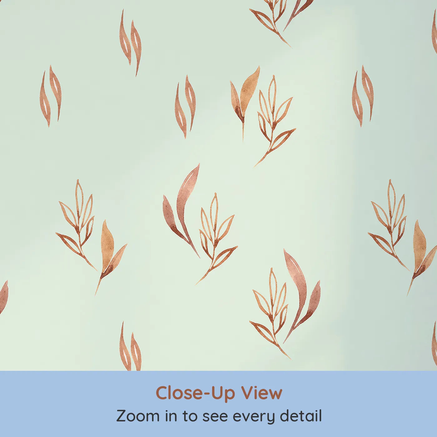 Close-up view of Whimsy Tots' Rustling Meadow Sprigs Wallpaper in Mint Green (W3382D).Watercolor leaves and sprigs flutter across a soft mint sky.