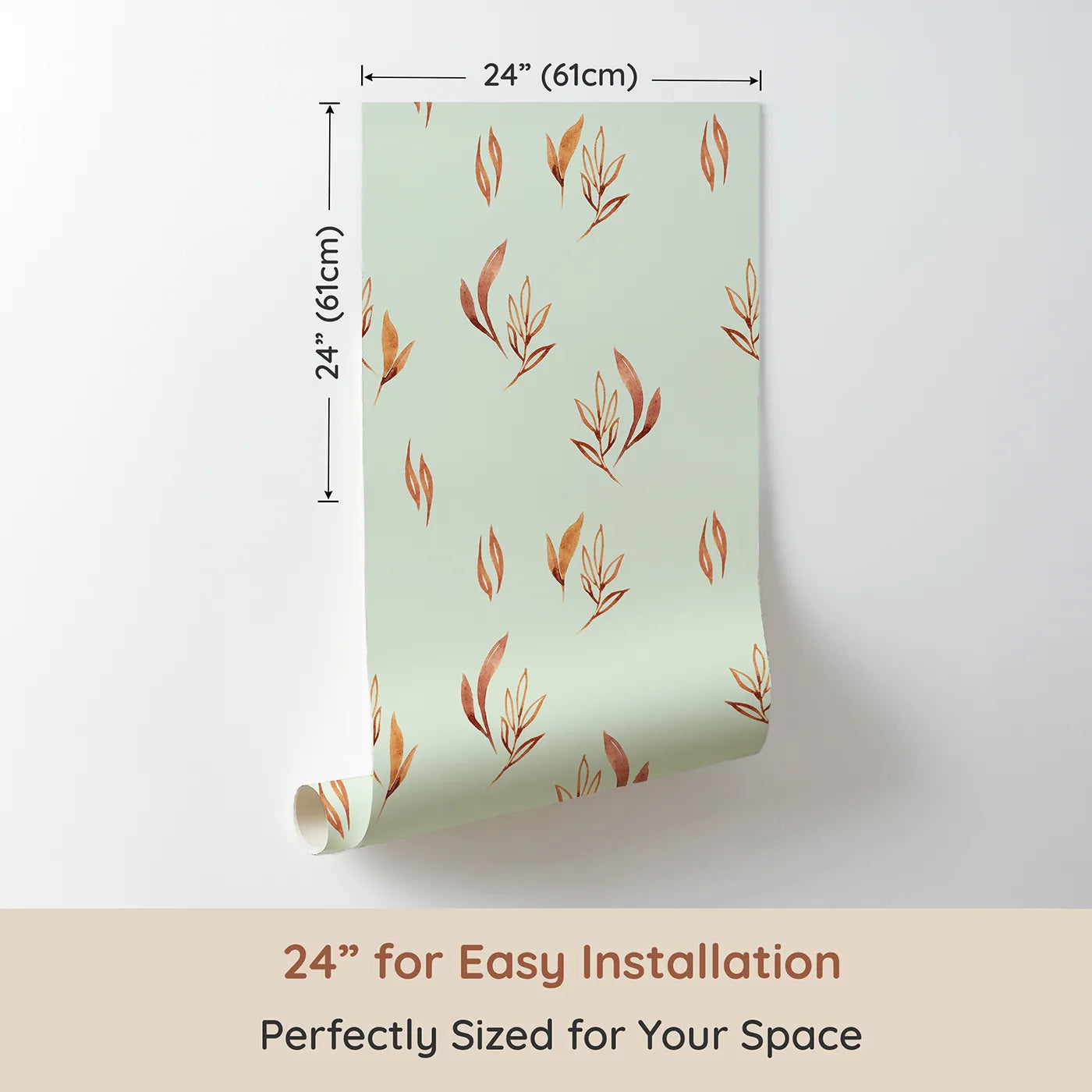 Dimension view of Whimsy Tots Rustling Meadow Sprigs Wallpaper in Mint Green (W3382D). Printed in 24-inch-wide panel for easy installation. Watercolor leaves and sprigs flutter across a soft mint sky.