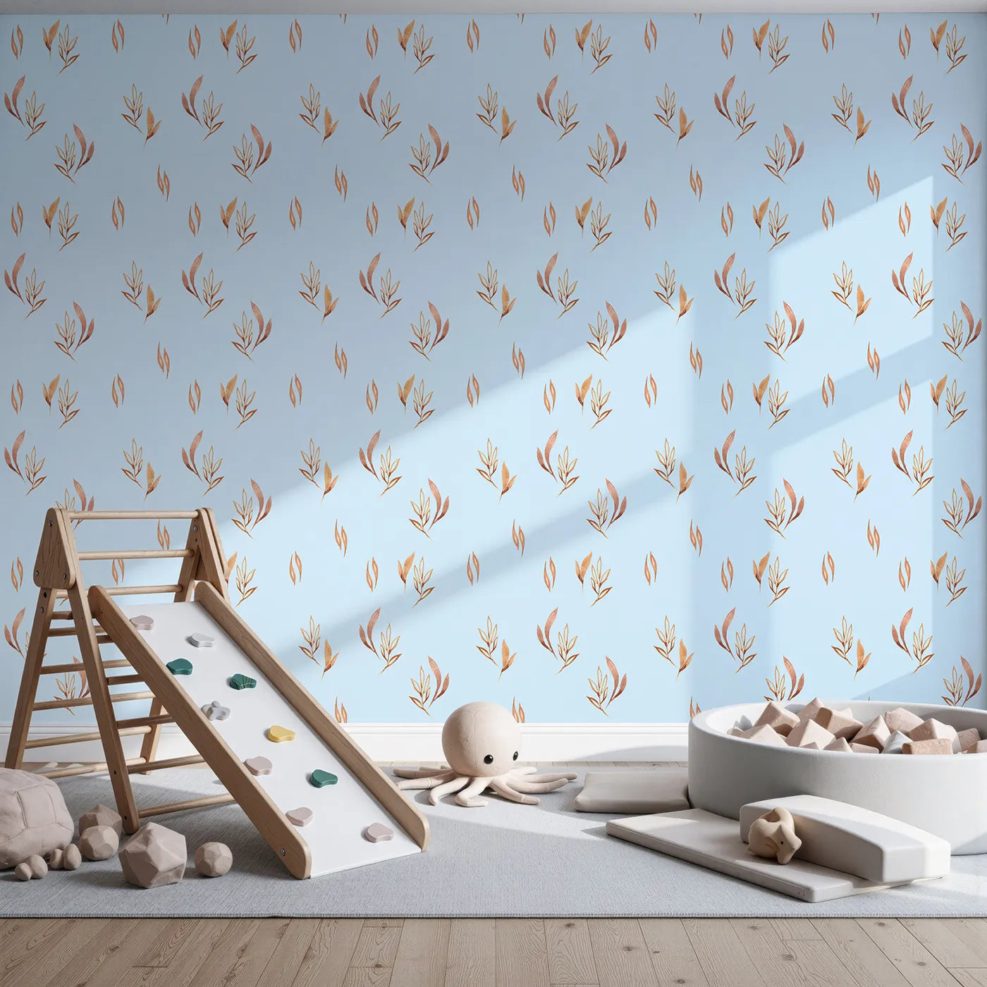 Front view of Whimsy Tots' Rustling Meadow Sprigs Wallpaper in Sky