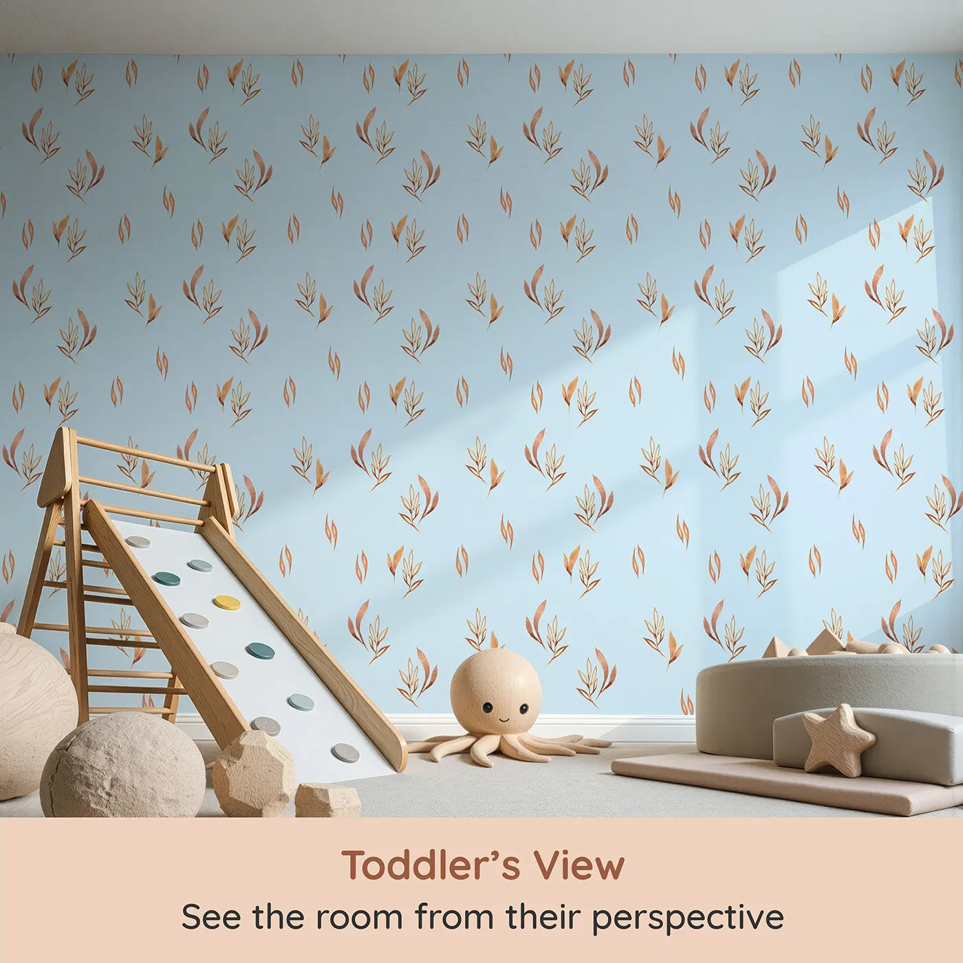 Whimsy Tots Rustling Meadow Sprigs Wallpaper in Sky (W3382E) from your child's view.Watercolor leaves and sprigs flutter across a breezy sky-blue canvas.
