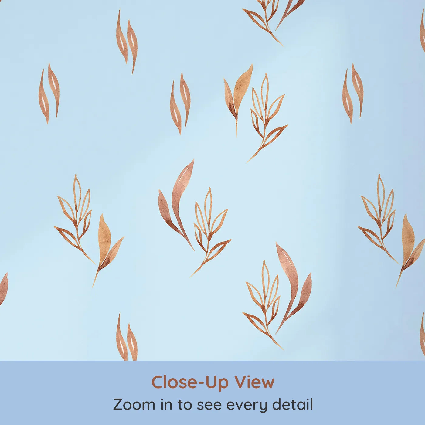 Close-up view of Whimsy Tots' Rustling Meadow Sprigs Wallpaper in Sky (W3382E).Watercolor leaves and sprigs flutter across a breezy sky-blue canvas.
