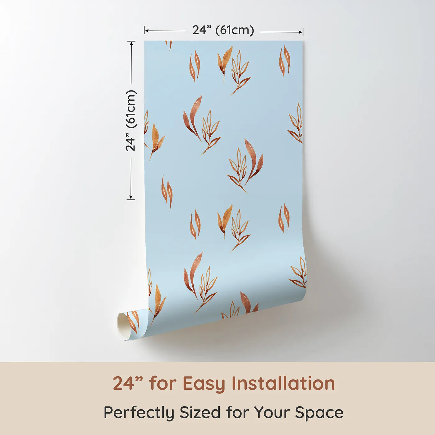 Dimension view of Whimsy Tots Rustling Meadow Sprigs Wallpaper in Sky (W3382E). Printed in 24-inch-wide panel for easy installation. Watercolor leaves and sprigs flutter across a breezy sky-blue canvas.