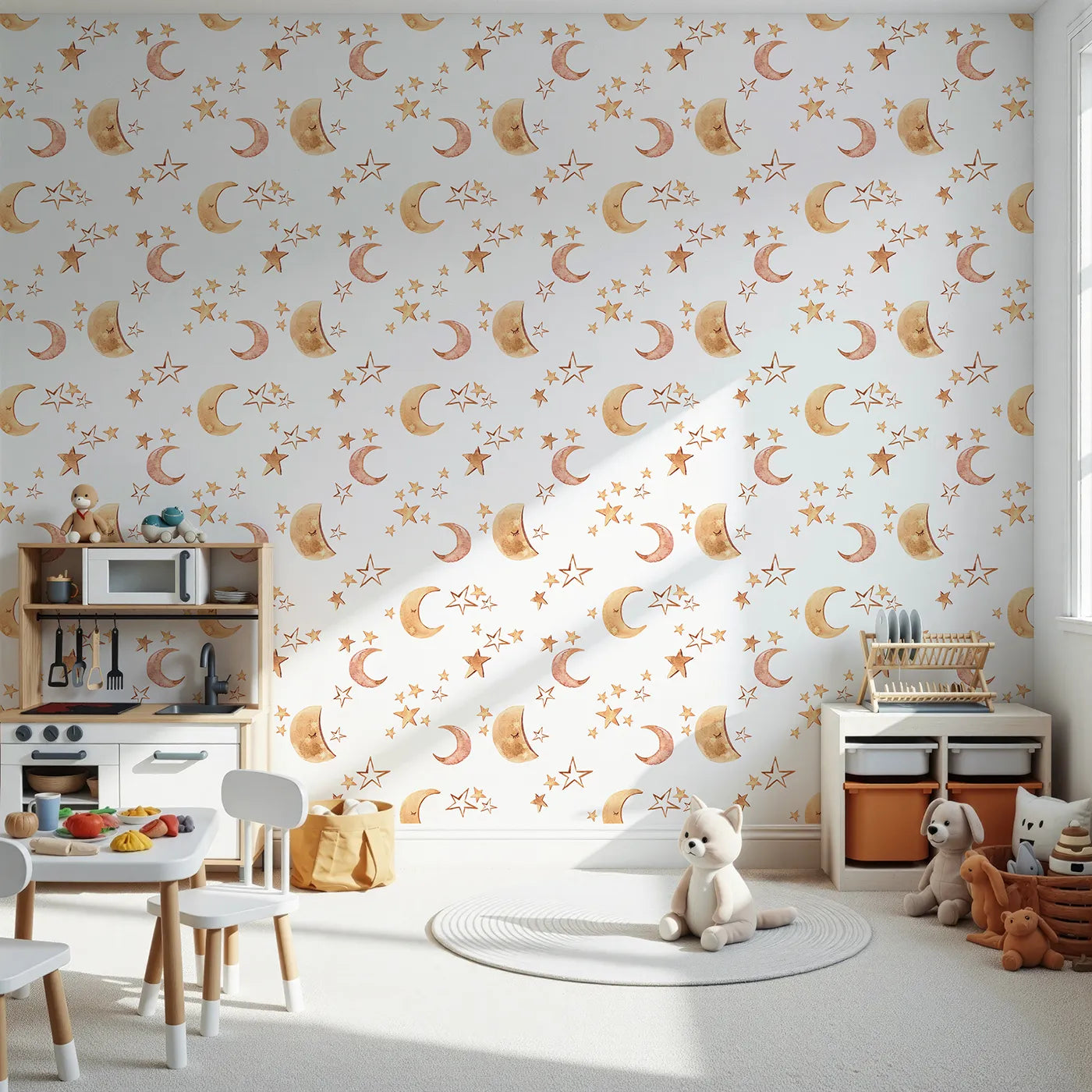 Front view of Whimsy Tots' Sleepy Skies Shine Wallpaper in White