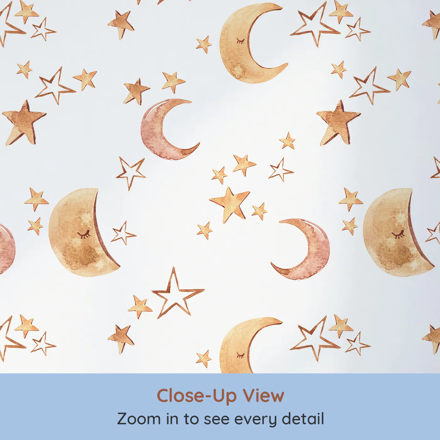 Close-up view of Whimsy Tots' Sleepy Skies Shine Wallpaper in White (W3383A).Watercolor stars and sleepy moons dance across a white sky.