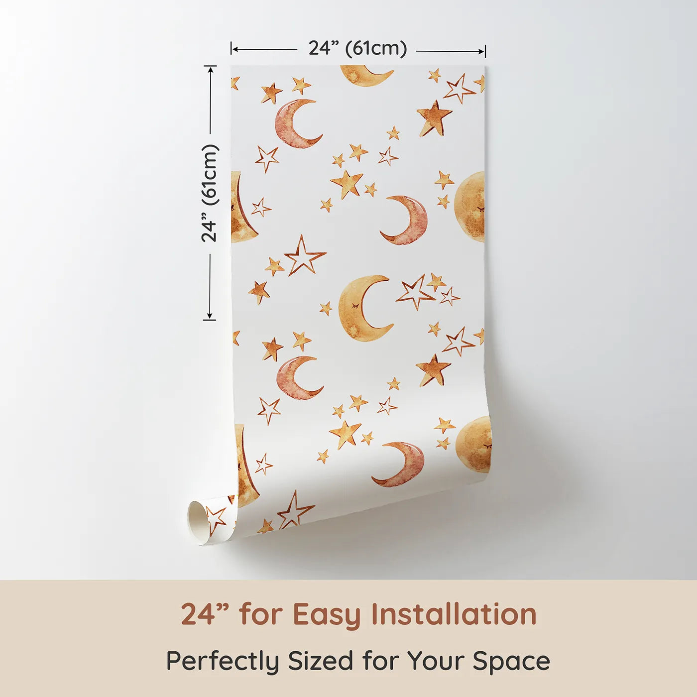 Dimension view of Whimsy Tots Sleepy Skies Shine Wallpaper in White (W3383A). Printed in 24-inch-wide panel for easy installation. Watercolor stars and sleepy moons dance across a white sky.