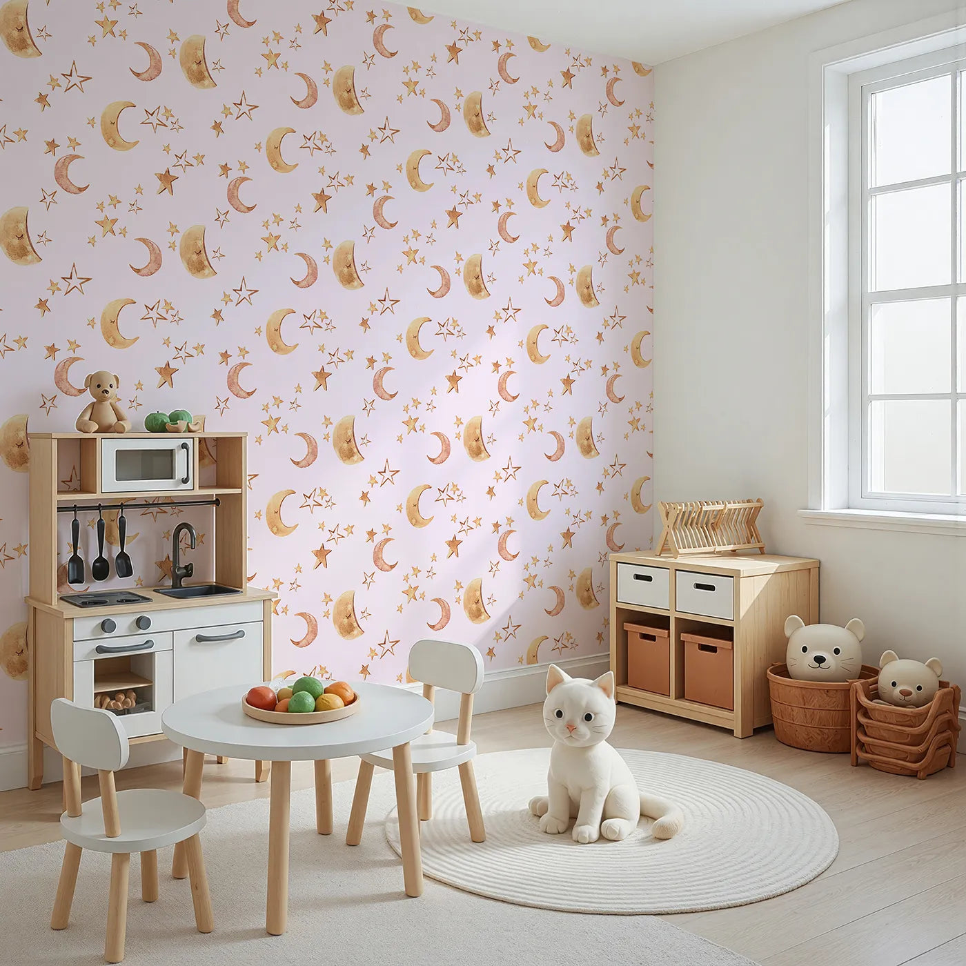 Angled view of Whimsy Tots' Sleepy Skies Shine Wallpaper in Blush Pink (W3383B).Watercolor stars and sleepy moons dance across a soft blush sky.