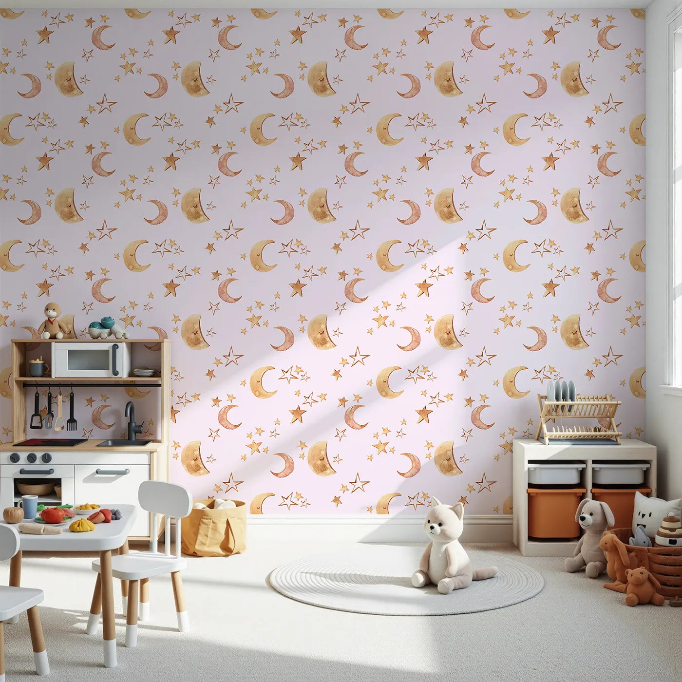Front view of Whimsy Tots' Sleepy Skies Shine Wallpaper in Blush Pink