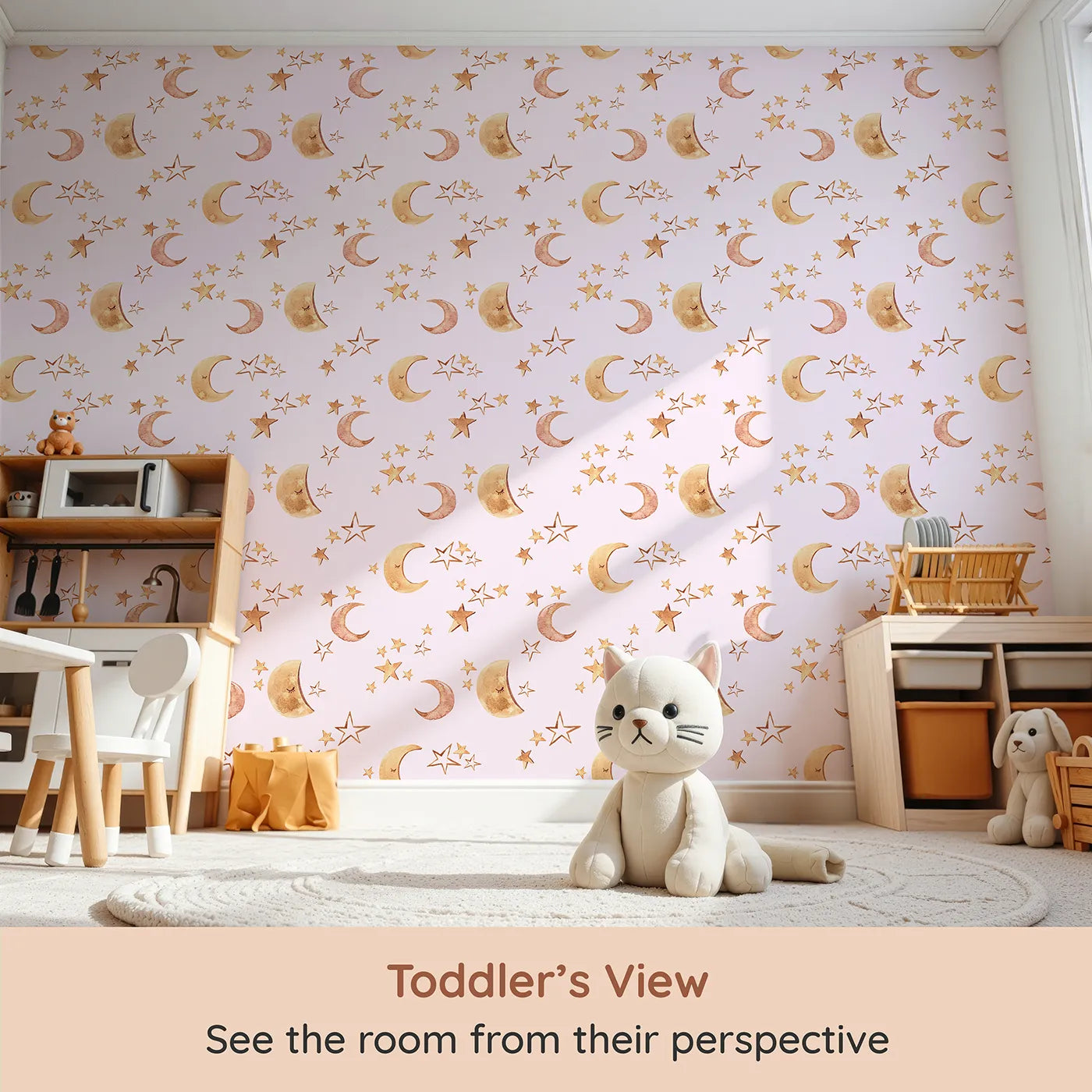 Whimsy Tots Sleepy Skies Shine Wallpaper in Blush Pink (W3383B) from your child's view.Watercolor stars and sleepy moons dance across a soft blush sky.