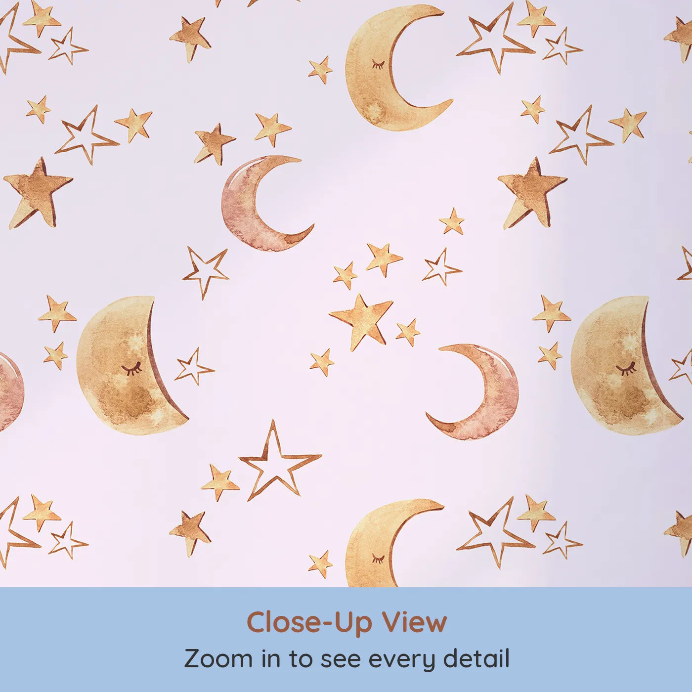 Close-up view of Whimsy Tots' Sleepy Skies Shine Wallpaper in Blush Pink (W3383B).Watercolor stars and sleepy moons dance across a soft blush sky.