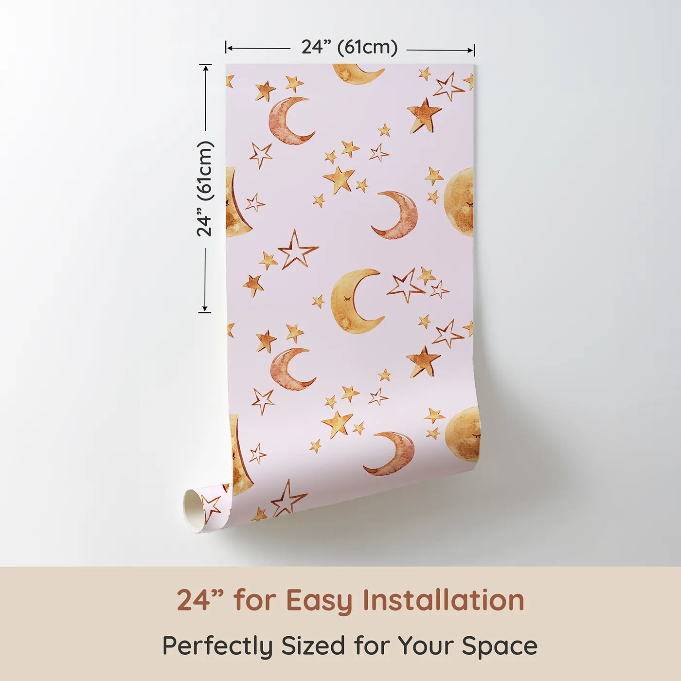 Dimension view of Whimsy Tots Sleepy Skies Shine Wallpaper in Blush Pink (W3383B). Printed in 24-inch-wide panel for easy installation. Watercolor stars and sleepy moons dance across a soft blush sky.