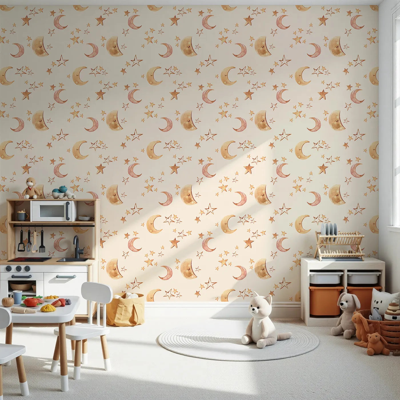 Front view of Whimsy Tots' Sleepy Skies Shine Wallpaper in Cream