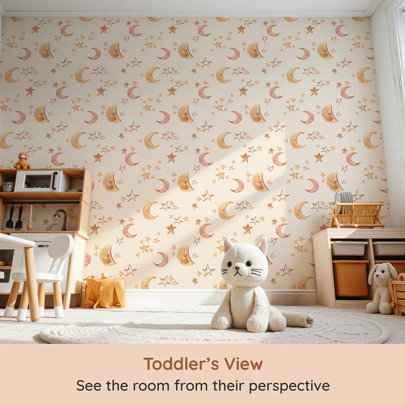 Whimsy Tots Sleepy Skies Shine Wallpaper in Cream (W3383C) from your child's view.Watercolor stars and sleepy moons dance across a soft cream sky.