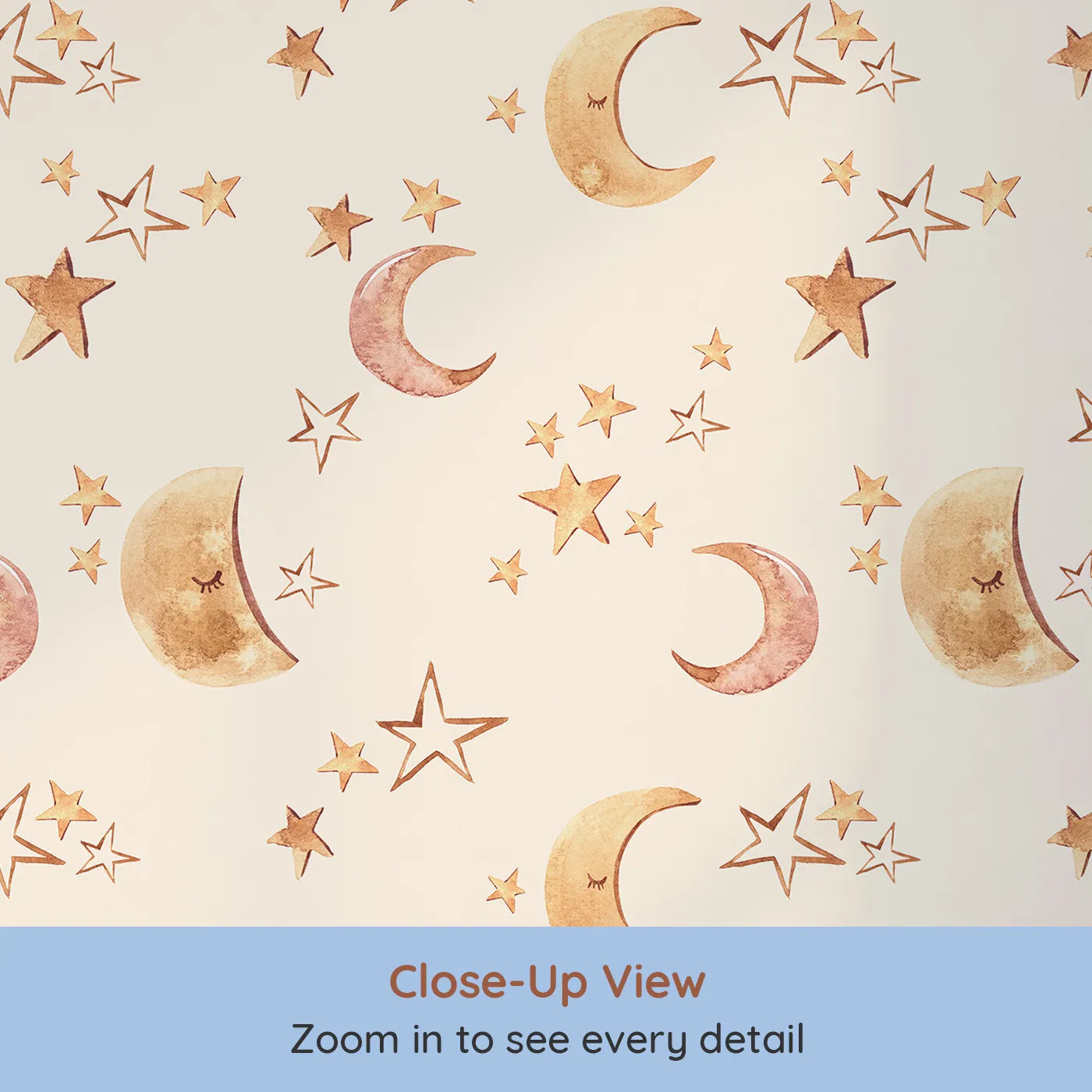 Close-up view of Whimsy Tots' Sleepy Skies Shine Wallpaper in Cream (W3383C).Watercolor stars and sleepy moons dance across a soft cream sky.